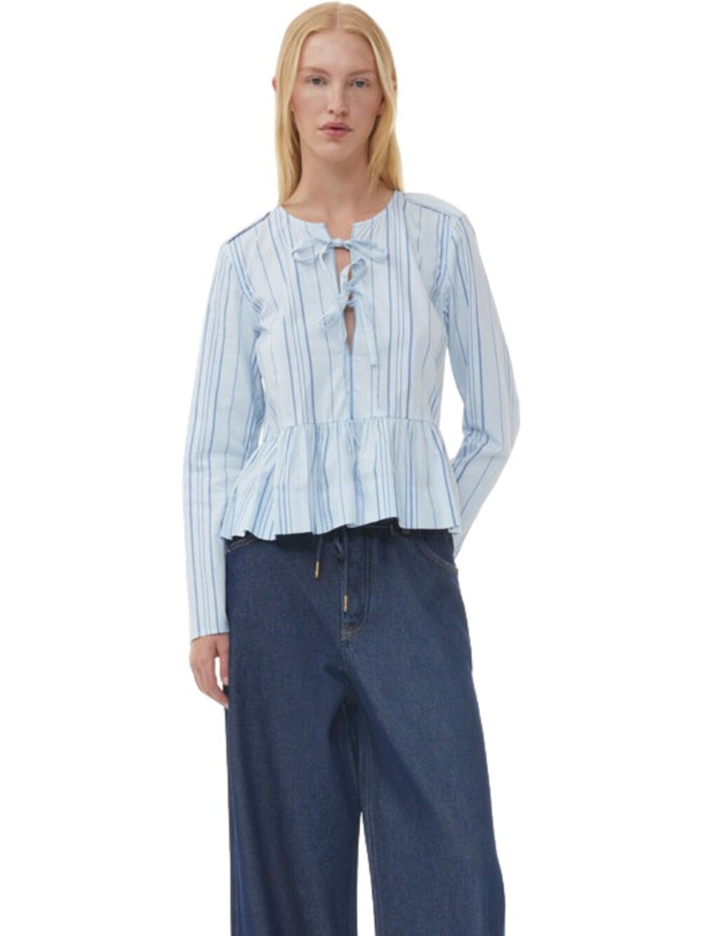Ganni Striped Twill Peplum Blouse Blue/White EU 38
